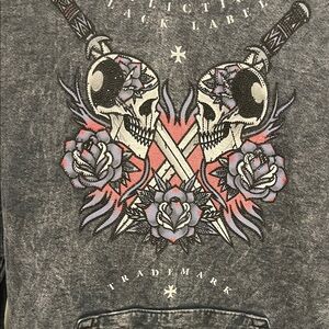 Rare Affliction Black Label Acid Wash-Skull, Swords and Roses Hoodie-Men’s XL